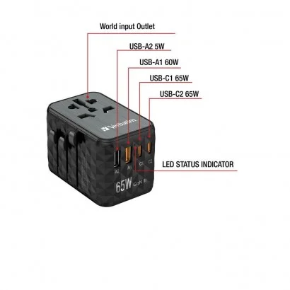 32120 32120 Verbatim UTA-05 65W GaN III - Adattatore da viaggio universale UTA‑05 65 W, con 2 porte USB‑A e 2 porte USB-C, ca...