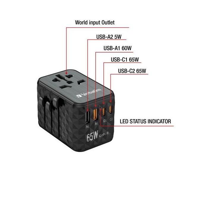 32120 Verbatim UTA-05 65W GaN III - Adattatore da viaggio universale UTA‑05 65 W, con 2 porte USB‑A e 2 porte USB-C, caricatore 