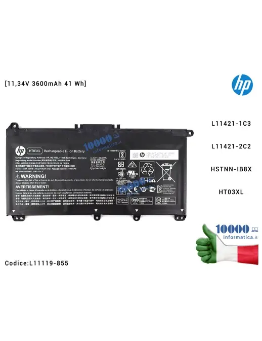 L11119-855BU HP 3-cell lithium-ion Batteria 41.7Wh capacity 11.55V voltage compatible with HP Pavilion laptops.