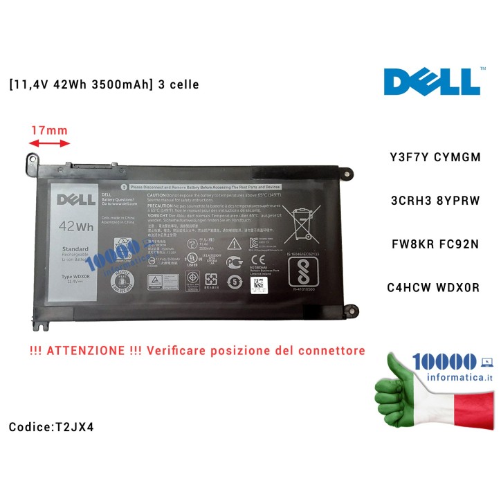 Batteria Originale DELL Inspiron 17 3000 5770 Latitude 3580 3480 3379 [11,4V 42Wh 3500mAh] 3 celle T2JX4 0T2JX4 CN-0T2JX4 CN-0T2JX4CN-0Y3F7Y CN-0CYMGM CN-03CRH3 CN-08YPRW CN-0FW8KR CN-0FC92N CN-0C4HCW CN-0WDX0R