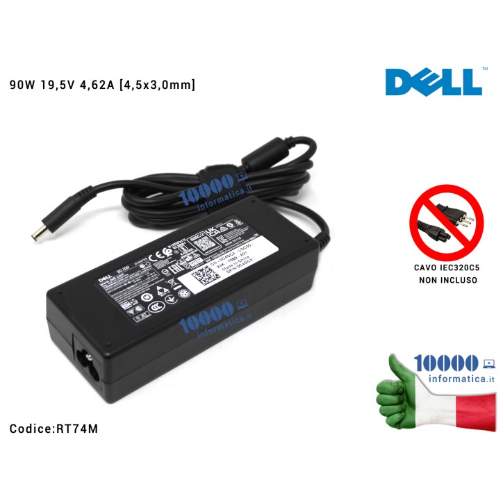 Alimentatore DELL 90W 19,5V 4,62A [4,5x3,0mm] Inspiron 5348 24-5459, 24-5459 K11M Latitude 12 Rugged Tablet (7202) 0RT74M CN-0RT