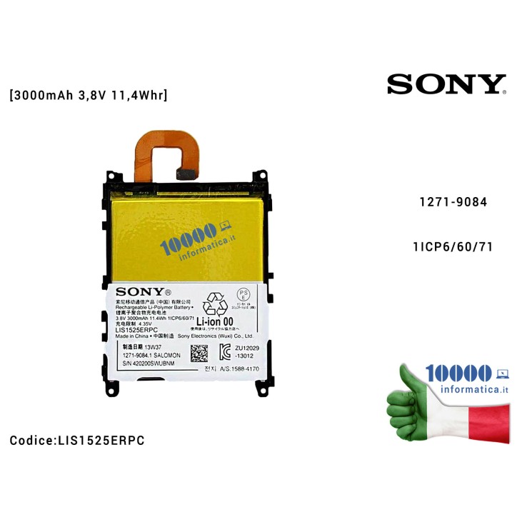 Batteria LIS1525ERPC SONY Xperia Z1 (C6902) (C6903) (C6906) (C6943) L39H [3000mAh 3,8V 11,4Whr] 1271-9084 1ICP6/60/71