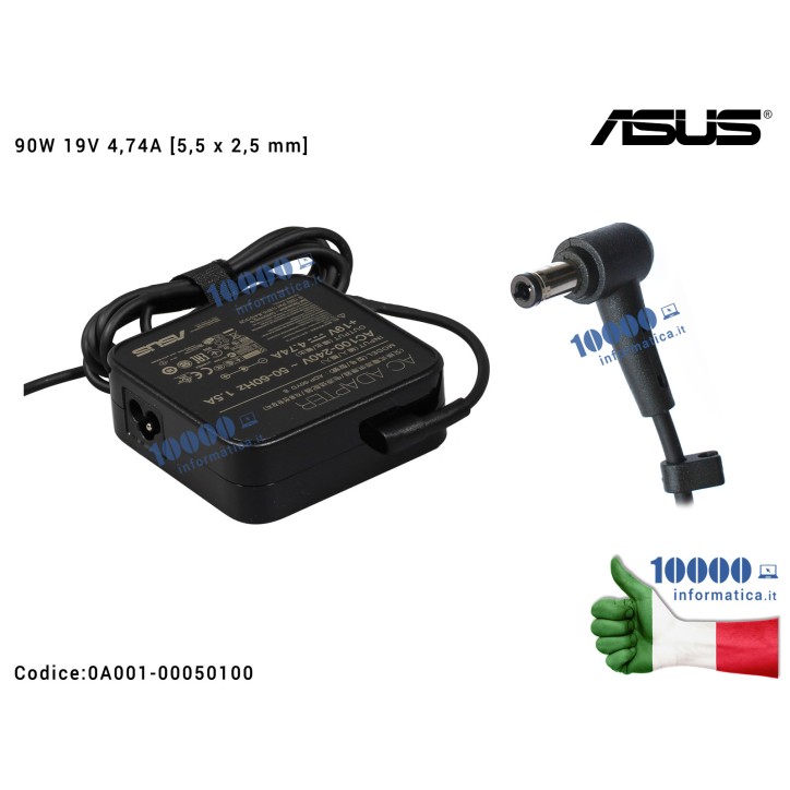 Alimentatore ASUS 90W 19V 4,74A [5,5 x 2,5mm] A53 N43 N53 K50 K53 K55 K73 K75 K95 X53 0A001-00050100 U41SV N43SM B43E K55A N53DA N55SF K43SD N43SL K73E G53SX K75VJ K53SD K43SM K52JE K52JK K75DE N53JQ N53TA K52JT K73SD U45JC K43SJ N53SN N53TK K52JR B33E K95VM B53J U31SG K45VS U46SV K45VM K50IE K53E N