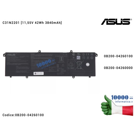 Batteria C31N2201 ASUS VivoBook 16 X1605 X1605EA TN3604YA TP3604VA E1404GA [11,55V 42Wh 4240mAh] 0B200-04260100 0B200-04260000