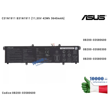 Batteria C31N1911 ASUS VivoBook 15 F1502ZA M1402IA X421JQ M1502YA X1502VA X421JA M1702QA M1502QA X1402ZA [11,55V 42Wh 3640mAh] 0B200-03580600 B31N1911 3ICP5/57/80