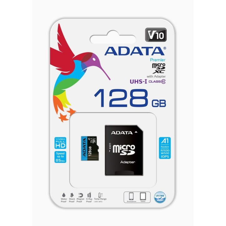 ADATA 128 GB, microSDXC, UHS-I, class 10 adapter AUSDX128GUICL10A1-RA1