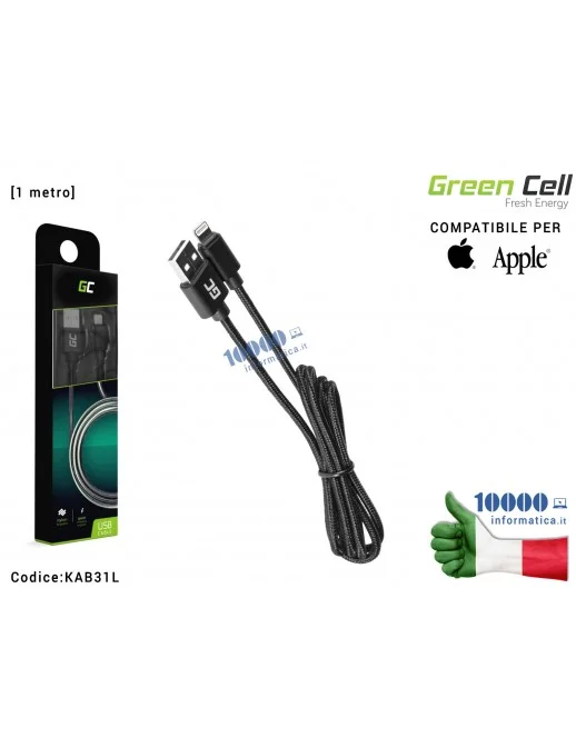 KAB31L Cavo USB a Lightning Green Cell [1 metro] Compatibile per APPLE iPhone 5/5C/5S/SE/6/6S/7/8/X/XS/XR/11/11 Pro iPad Mini...