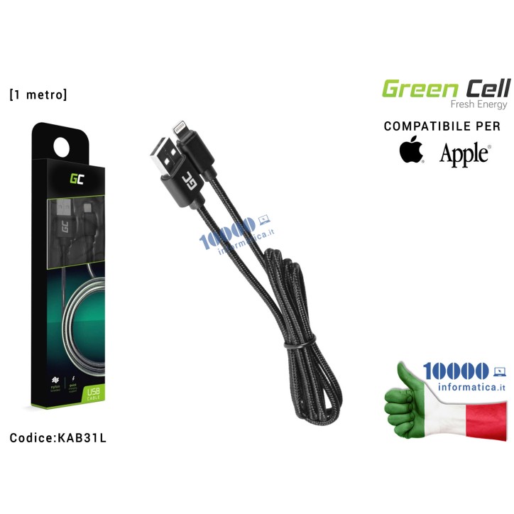 Cavo USB a Lightning Green Cell [1 metro] Compatibile per APPLE iPhone 5/5C/5S/SE/6/6S/7/8/X/XS/XR/11/11 Pro iPad Mini/Air/Pro i