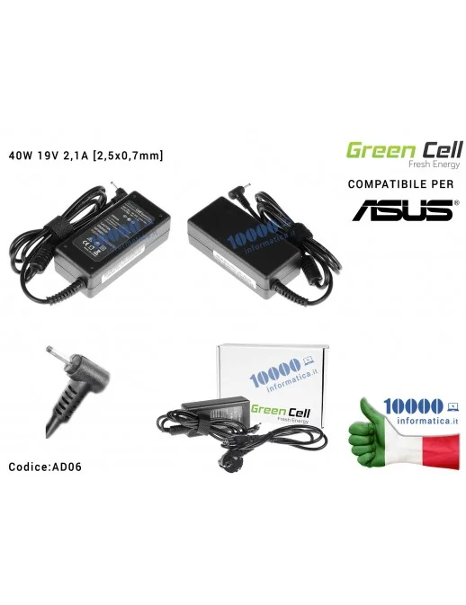 AD06 Alimentatore Green Cell 40W 19V 2,1A [2,5x0,7mm] Compatibile per ASUS EEE PC 1001 1005 1015 1201 1215