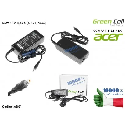 AD01 Alimentatore Green Cell 65W 19V 3,42A [5,5x1,7mm] Compatibile per ACER Aspire 1640 4735 5735 6930 7740 Aspire One