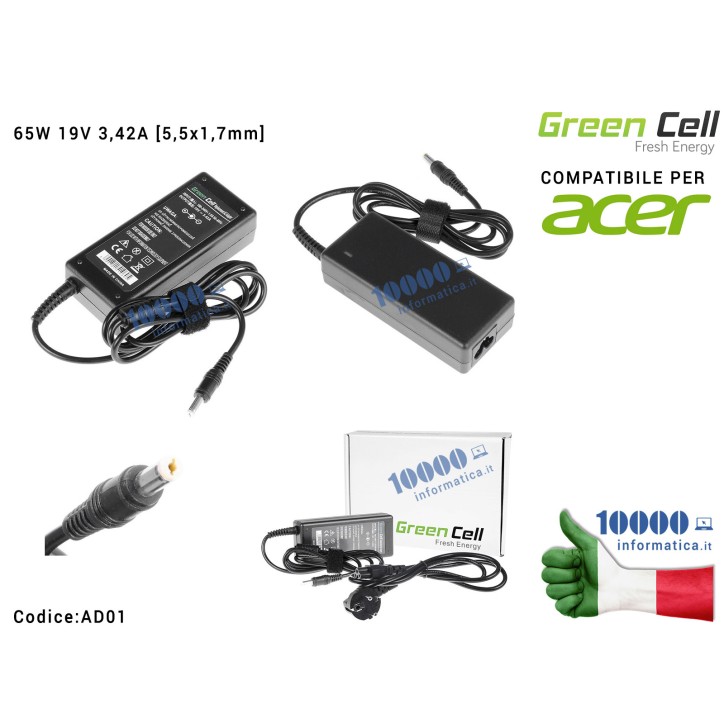 Alimentatore Green Cell 65W 19V 3,42A [5,5x1,7mm] Compatibile per ACER Aspire 1640 4735 5735 6930 7740 Aspire One