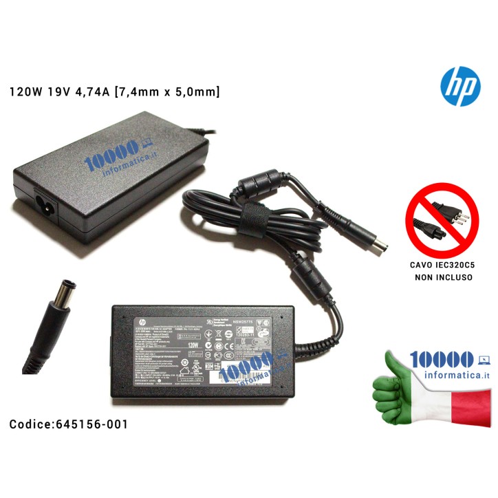 Alimentatore HP 120W 18,5V 6,15A [7,4 x 5,0 mm] 6510B 6730B 8510B EliteBook 8530W 8540W 8730W 645156-001