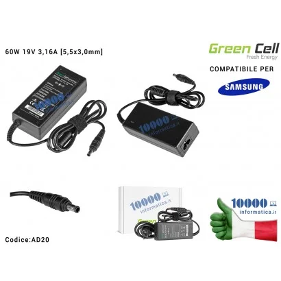 AD20 Alimentatore Green Cell 60W 19V 3,16A [5,5x3,0mm] Compatibile per SAMSUNG RV511 R505 R510 R519 R520 R522 R530 R540 R580 ...