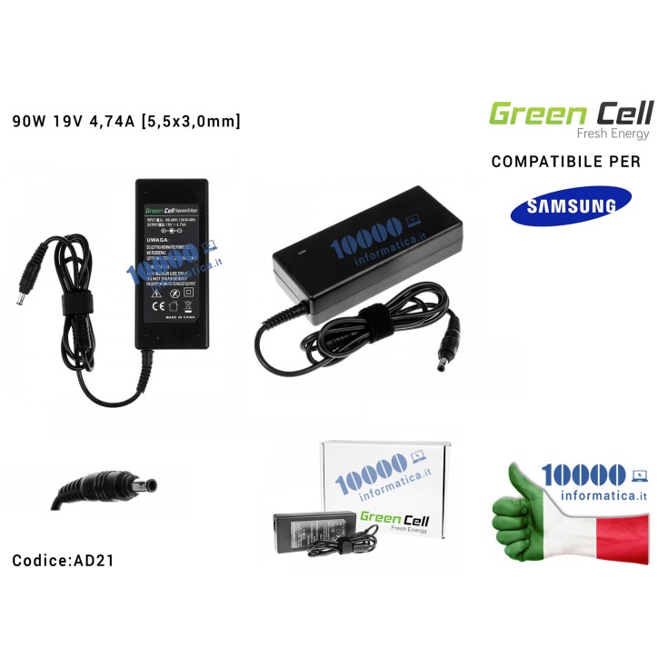 Alimentatore Green Cell 90W 19V 4,74A [5,5x3,0mm] Compatibile per SAMSUNG R505 R510 R519 R520 R720 RC720 R780