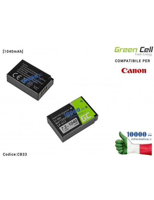 CB33 Batteria Green Cell Compatibile per CANON EOS 77D 750D 760D 8000D M3 M5 M6 Rebel T6i Rebel T6s [1040mAh] (NON DECODIFICATA)