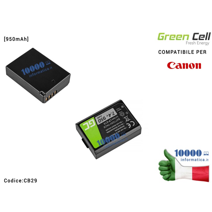 Batteria Green Cell Compatibile per CANON EOS Rebel T3 T5 T6 Kiss X50 Kiss X70 EOS 1100D [950mAh]