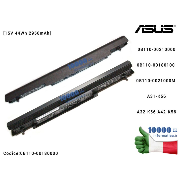 Batteria A41-K56 ASUS K56 K56CA K56CM S550 S550C S550CA S550CM S56C [15V 44Wh 2950mAh] 0B110-00210000 0B110-00180100 0B110-00210