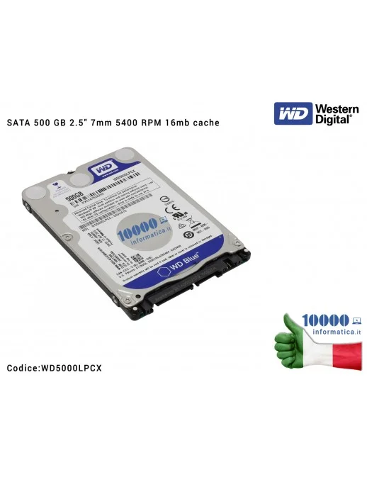 WD5000LPCX Hard Disk 2,5'' 500 GB WESTERN DIGITAL SATA 500GB 2.5" 7mm 5400 RPM 16mb cache