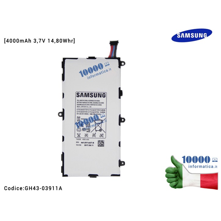 Batteria T4000E SAMSUNG Galaxy Tab 3 SM-T210 SM-211 T210 T211 [4000mAh 3,7V 14,80Whr]