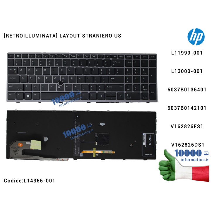 Keyboard HP EliteBook 850 G5 755 G5 ZBook 15u G5 [LAYOUT US] [Silver] Backlit L11999-001 L13000-001 L14366-001 6037B0136401 6037B0142101 V162826FS1 V162826DS1