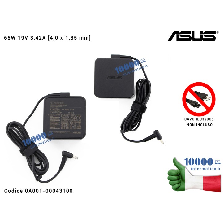 Alimentatore ASUS 65W 19V 3,42A [4,0 x 1,35 mm] ZenBook UX32V UX32VD UX302L UX302LA UX21A UX31A UX32A UX52VS U38DT 0A001-0004310