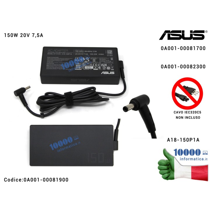 Alimentatore ASUS 150W 20V 7,5A [4,5 x 3,0 mm] VivoBook 15 X571GT X571GD F571GT F571GD ASUSTEK RX571GT (NERO) A18-150P1A ADP-150CH B 0A001-00081700
