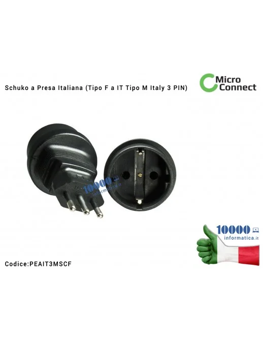 Adattatore Presa di corrente Schuko a Presa Italiana MICROCONNECT (Tipo F a IT Tipo M Italy 3 PIN) per Corda Alimentatore Notebo