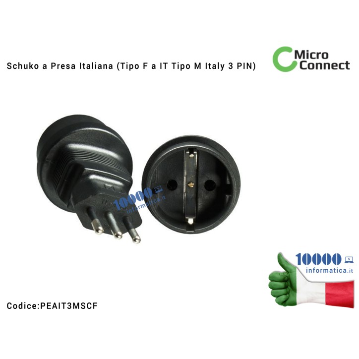 Adattatore Presa di corrente Schuko a Presa Italiana MICROCONNECT (Tipo F a IT Tipo M Italy 3 PIN) per Corda Alimentatore Notebook Presa Spina Italiana EuroPlug EU CEE IEC-320-C7 IEC320C7 (NERO) Power Plug Adapter Type F Black