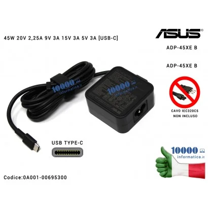 0A001-00695300 Alimentatore ASUS 45W [USB-C] 20V 2,25A 9V 3A 15V 3A 5V 3A [TYPE-C] ZenBook Flip UX370U UX370UA Chromebook Fli...