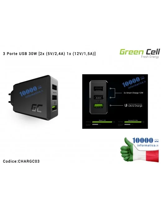 Alimentatore Caricabatterie Green Cell GC ChargeSource 3 Porte USB 30W [2x (5V/2,4A) 1x (12V/1,5A)] con ricarica rapida Ultra Ch
