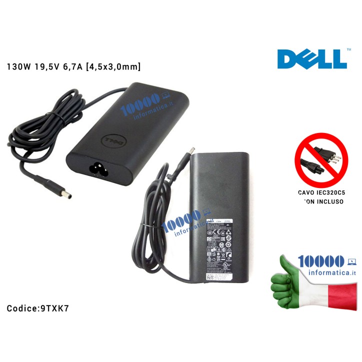 Alimentatore DELL 130W 19,5V 6,7A [4,5x3,0mm] XPS 15 (9530) (9550) (9560) Precision Mobile M3800 9TXK7 TNMGP 492-BBIN RN7NW 6TTY