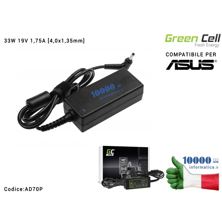Alimentatore ASUS 33W 19V 1,75A [4,0x1,35mm] Green Cell PRO Compatibile ASUS VivoBook F200CA F200MA F201E Q200E S200E X200CA X200M X200MA X202E