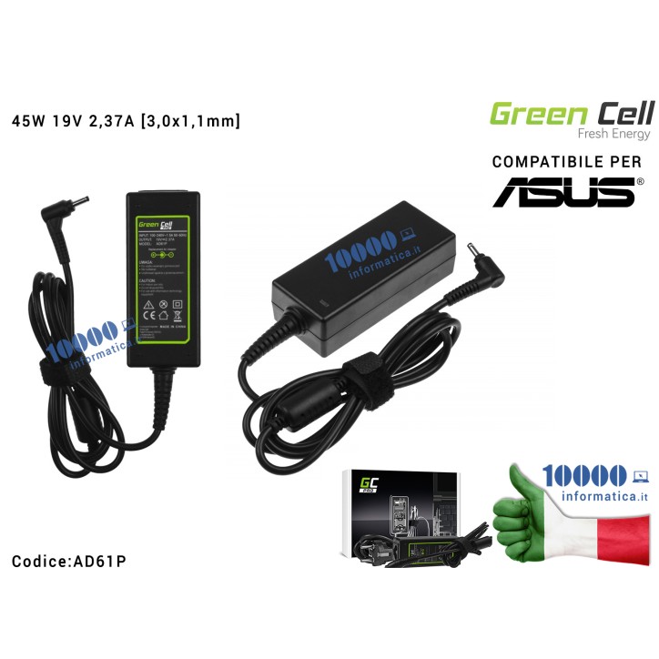 Alimentatore Green Cell PRO 45W 19V 2,37A [3,0x1,1mm] Compatibile per ASUS ZenBook UX21 UX21A UX21E UX31 UX31E C23-UX21