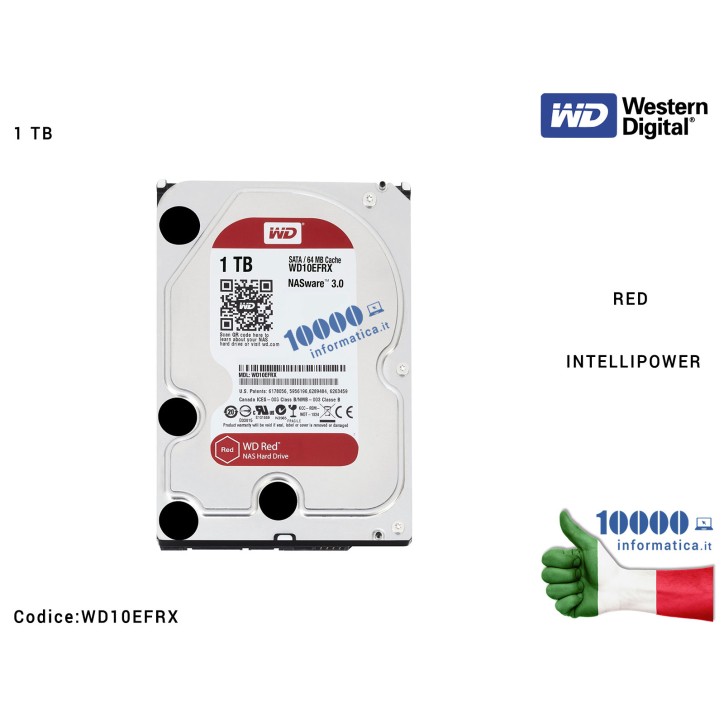 Hard Disk 3,5'' [1TB] WESTERN DIGITAL WD10EFRX (RED INTELLIPOWER) 7200RPM Cache 64MB (Ideale per NAS)