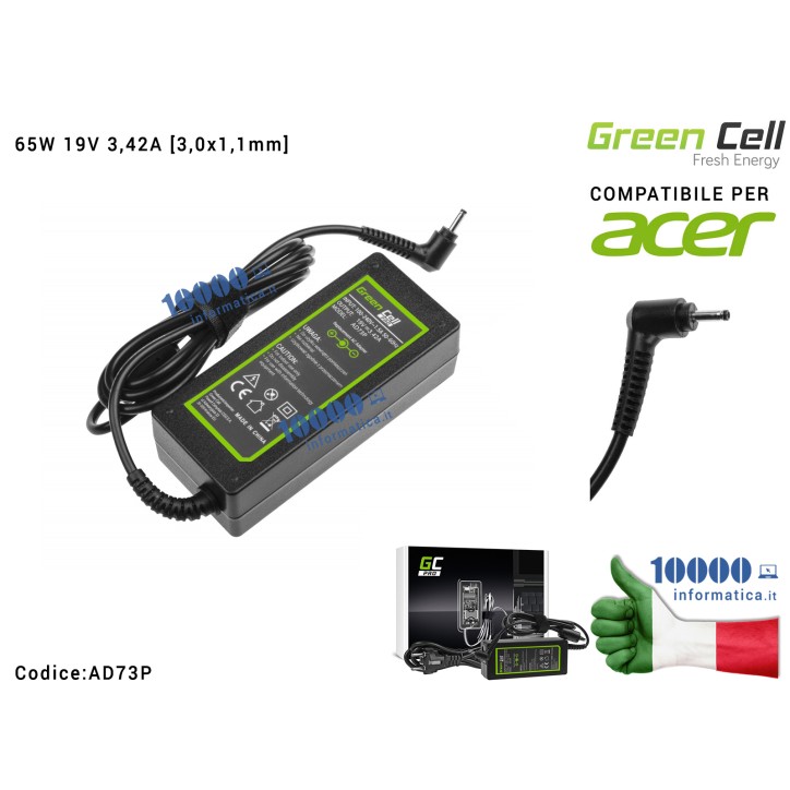 Alimentatore Green Cell PRO 65W 19V 3,42A [3,0x1,1mm] Compatibile per ACER Aspire S5-391 S3-392 S7-391 S7-191 V3-371 V3-331 E5-5