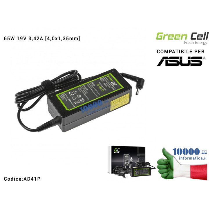 Alimentatore Green Cell PRO ASUS 65W 19V 3,42A [4,0x1,35mm] Compatibile per ASUS VivoBook S200 Zenbook UX21 UX32
