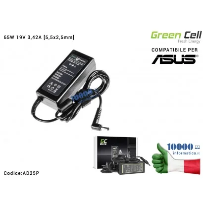 AD25P Alimentatore Green Cell PRO ASUS 65W 19V 3,42A [5,5x2,5mm] Compatibile per ASUS A53 N43 N53 K50 K53 K55 K73 K75 K95 X53...