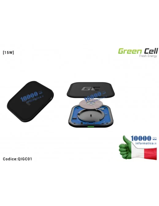 Alimentatore Green Cell QI Wireless Charger GC AirJuice 15W Ricarica Veloce e Intelligente Smart Charging