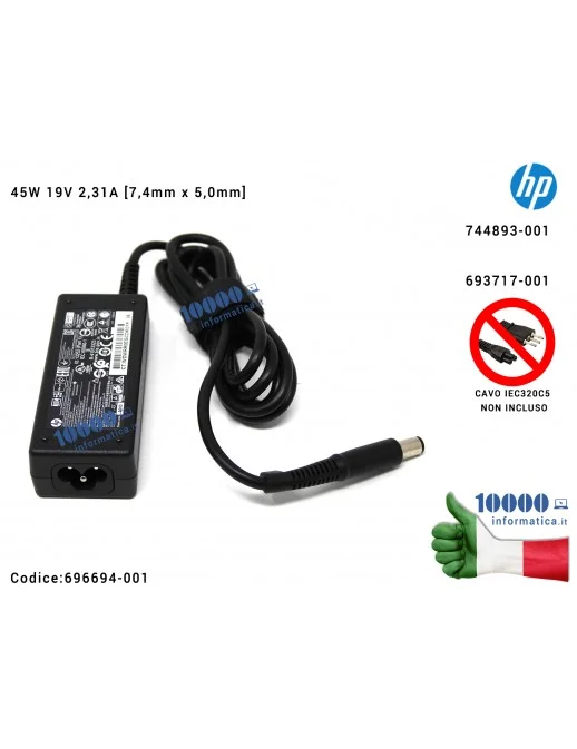 Alimentatore HP 45W 19V 2,31A [7,4mm x 5,0mm] EliteBook Folio 9470m 744893-001 696694-001 693717-001