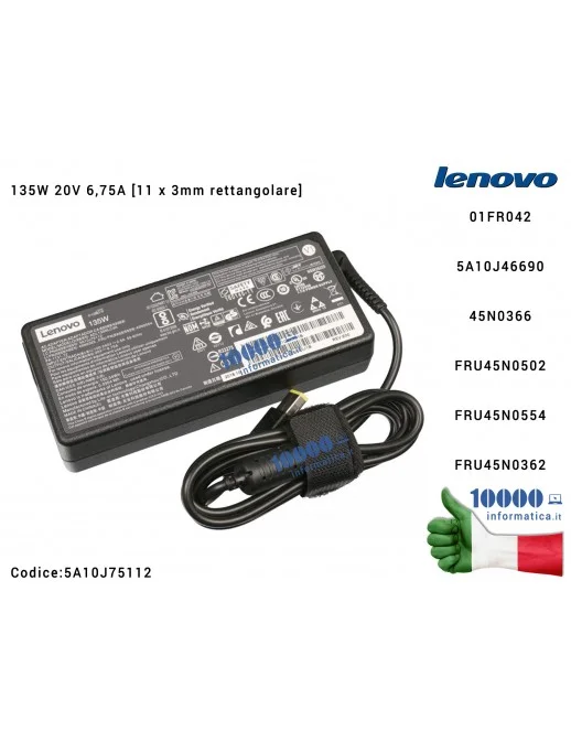 Alimentatore LENOVO 135W 20V 6,75A [11 x 3mm rettangolare] IdeaPad Y700 Y700 Z710 700-17ISK Y520 Y530 Y730 T540P T440P Y50-70 AD