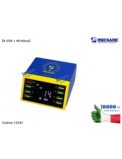 Alimentore Carica Batteria Laboratorio MECHANIC iCharge 8 Porte USB + Ricarica Wireless 10W (QC3.0: 5V-3A, 6.5V-3A, 9V-2A, 12V 1