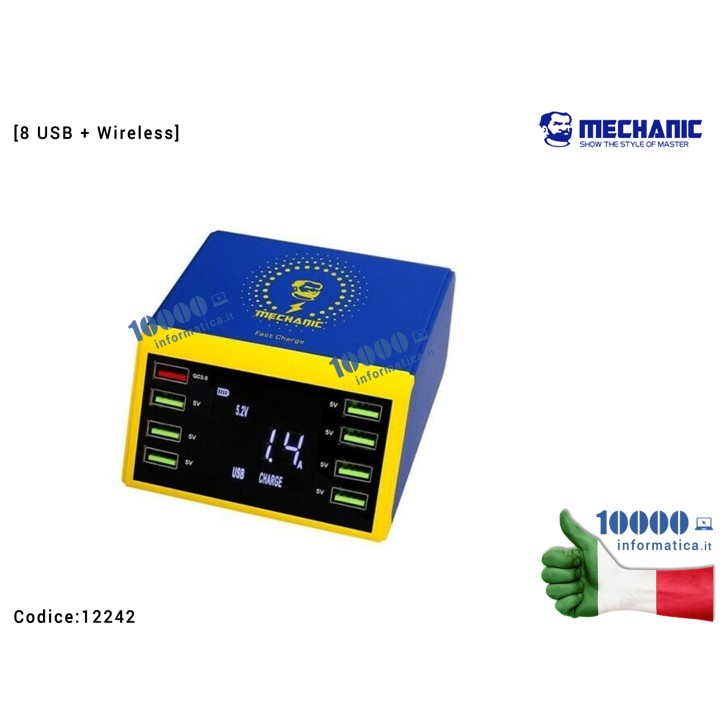 Alimentore Carica Batteria Laboratorio MECHANIC iCharge 8 Porte USB + Ricarica Wireless 10W (QC3.0: 5V-3A, 6.5V-3A, 9V-2A, 12V 1