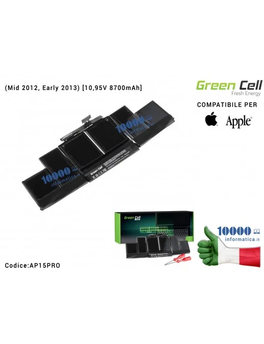 Batteria A1417 Green Cell PRO Compatibile per APPLE MacBook Pro 15 A1398 (Mid 2012, Early 2013) [10,95V 8700mAh 95Wh]