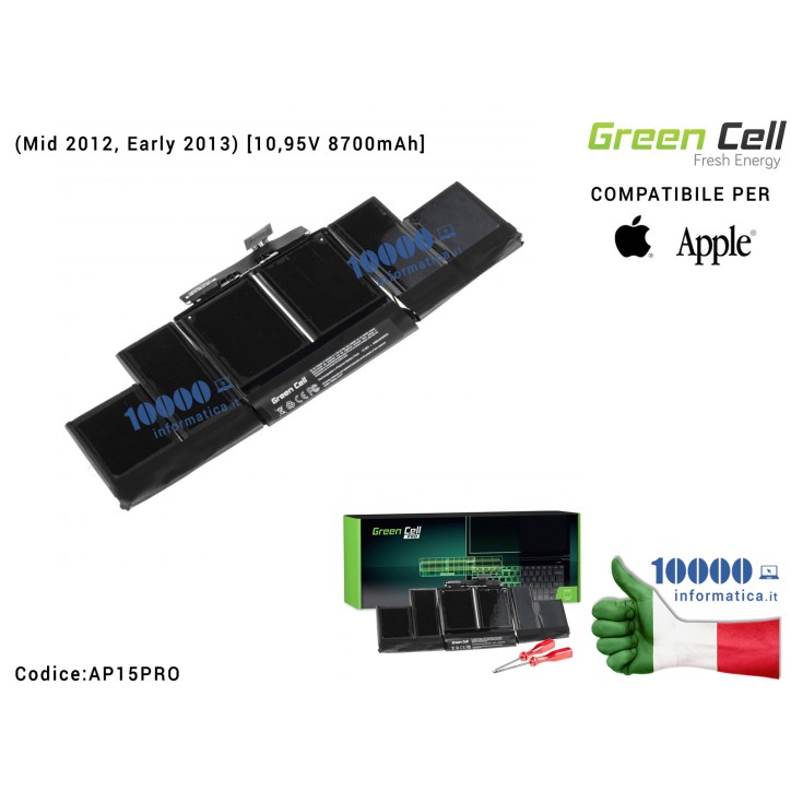 Batteria A1417 Green Cell PRO Compatibile per APPLE MacBook Pro 15 A1398 (Mid 2012, Early 2013) [10,95V 8700mAh 95Wh]