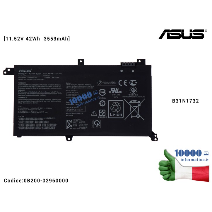 Batteria B31N1732 ASUS RX571GT RX571G VivoBook X430U X430UA X430UF X430UN [11,52V 42Wh 3553mAh]