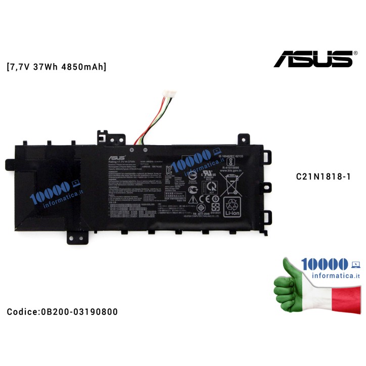 Batteria C21N1818-1 ASUS VivoBook X512 S512 A512 [7,7V 37Wh 4850mAh] X512F X512FA X512FJ X512JA F512F F512FA F512FJ F512JA S512F S512FA S512FJ S512JA