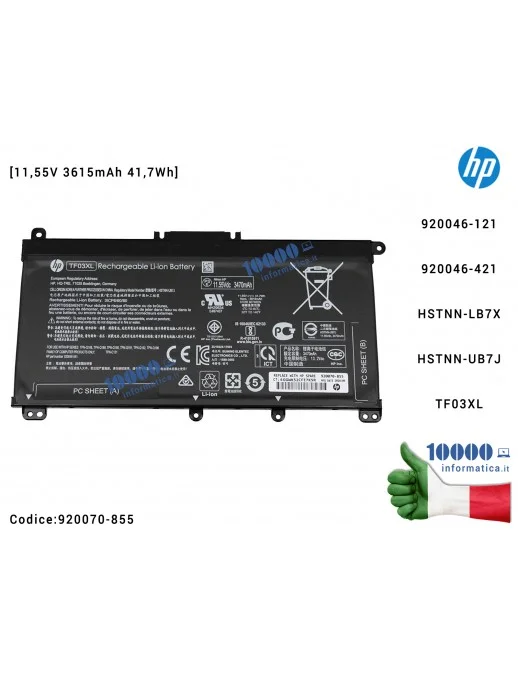 Batteria TF03XL HP Pavilion 14-BF 14-BK 14-BP 15-CC 15-CD 15-CK 17-AR [3615mAh] 920046-421 920070-855 TPN-Q201 TPN-Q190 TPN-Q191