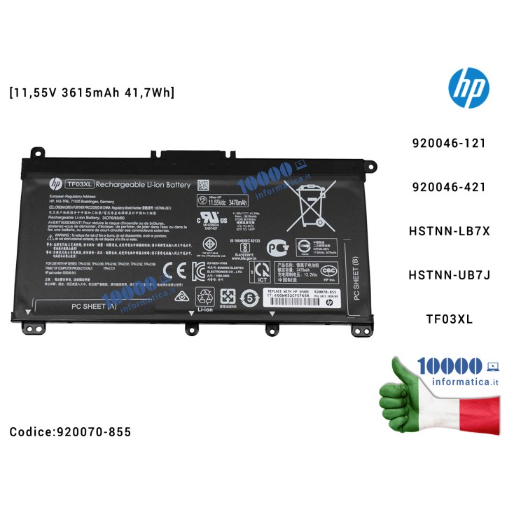 Batteria TF03XL HP Pavilion 14-BF 14-BK 14-BP 15-CC 15-CD 15-CK 17-AR [3615mAh] 920046-421 920070-855 TPN-Q201 TPN-Q190 TPN-Q191