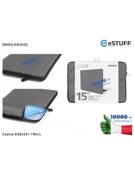 Borsa per Notebook 15" eSTUFF Apple MacBook Pro A1398 A1707 [NERO/GRIGIO] Custodia Sleeve Fits con morbida fodera interna imbott