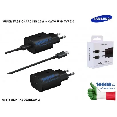 EP-TA800XBEGWW Caricabatterie USB-C [25W] SAMSUNG (NERO) + Cavo TYPE-C EP-TA800EBE (BLISTER) Galaxy Note 10 S10 5G S20 + S20 ...